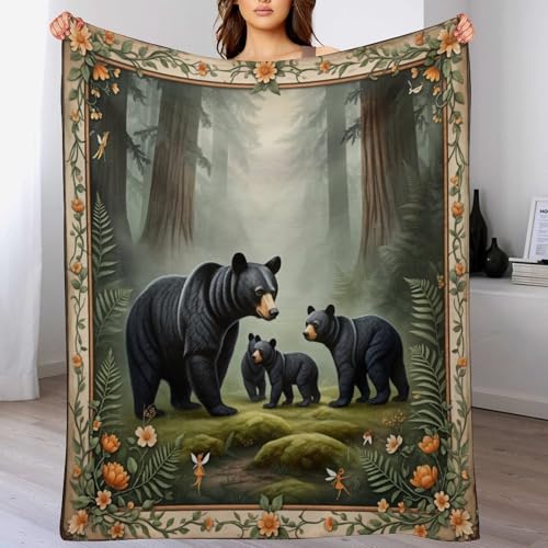 Fantasy Black Bear Forest Tree Flower Super Soft Throw Blanket, Mystical Fairy Green Flannel Fleece Decorative Throw for Sofa Couch Bedroom Decor Outdoor Use 50"x60" - color: Fantasy Black Bear Forest Tree Flower, size: 50"x60"