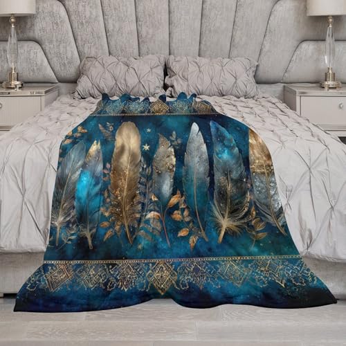 Blanket Bohemian Feather Leaf Blue Throw Blanket for Women Men, 60"x80" Galaxy Star Ornament Plush Flannel Throws, Decor for Bed Couch Bedroom - color: Bohemian Feather Leaf Blue, size: 60"x80"