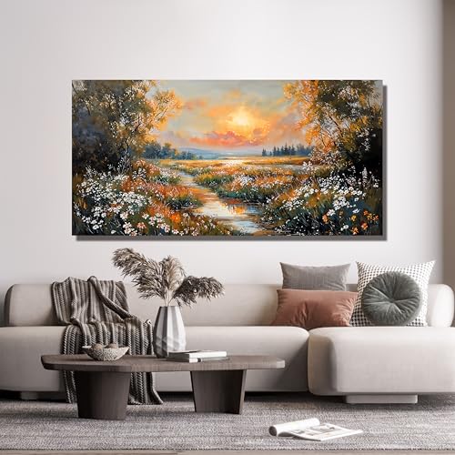 Canvas Wall Art Decor Vintage Wildflower Wall Art Prints Canvas Wall Art for Living Room Nature Landscape Art Work for Wall Decor River Sunset Artwork for Walls Bedroom Office Wall Art Decor 20" X 40" - color: XY-T, size: 40"L x 20"W