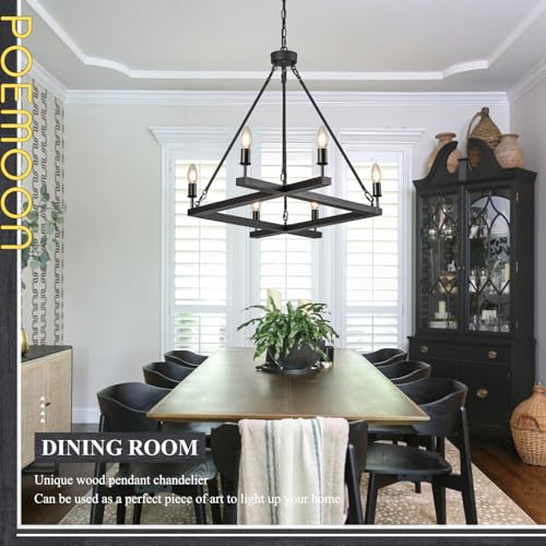 Rustic Black Farmhouse L45'' Wood Chandelier Unique Square 6-Light Candle Long Ceiling Pendant Lighting for Kitchen Living Dining Room Foyer Bedroom High Ceiling,E12 - color: Black, size: 45 inches