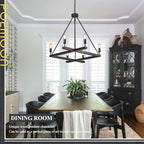 Rustic Black Farmhouse L45'' Wood Chandelier Unique Square 6-Light Candle Long Ceiling Pendant Lighting for Kitchen Living Dining Room Foyer Bedroom High Ceiling,E12 - color: Black, size: 45 inches