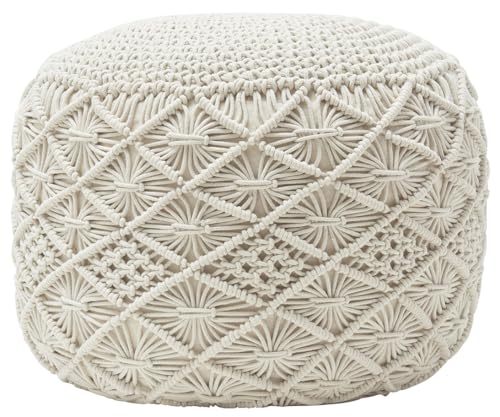 Ornavo Home Pouf Ottoman Foot Rest - 100% Cotton Pouffe - Hand Knitted Macrame Braid - Boho Round Stuffed Ottoman for Living Room, Bedroom - Natural