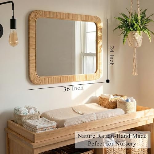 Rattan Rectangular Mirror 24x36, Boho Decorative Wall Mirror for Bathroom, Farmhouse Vanity Mirror for Nursery, Bedroom, Living Room Decor, Nursery & Children's Room - color: Rectangular, size: 36"L x 24"W