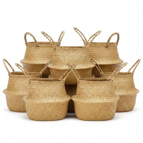 Qunclay 8 Pcs Woven Seagrass Baskets Belly Basket Folding Boho Natural Plant Pot with Handles Round Decorative Wicker Large Indoor Planter for Home Outdoor Tree Planters Decor (L,13''dx11''h) - size: L,13''Dx11''H