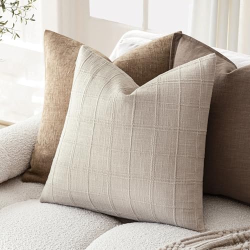 Foindtower Set of 1 Decorative Linen Check Throw Pillow Cover Neutral Farmhouse Vintage Cushion Cover Modern Boho Home Decor for Sofa Chair Couch Bedroom Living Room Outdoor,16×16 Inch,Natural Linen - color: Natural Linen, size: 16" x 16" (Pack of 1)