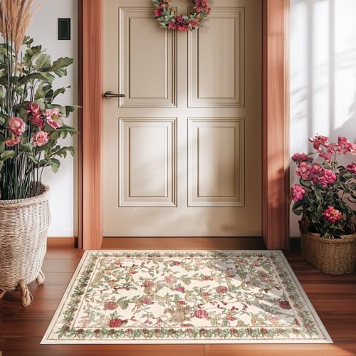 jinchan Eden Floral Area Rug 2x3 Entryway Vintage Washable Indoor Doormat Accent Rug Lightweight Soft Small Non-Slip Low Pile Distressed Red Green Carpet for Entrance Kitchen Bedroom Bathroom - color: Eden Red/Green, size: 2' x 3' (Rectangular)
