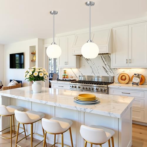 MQMQA 2 Pack Globe Pendant Lights, Mid Century Brushed Nickel Pendant Light Fixtures, Globe Pendant Lights Kitchen Island with Milk Glass Shade Hanging Fixture for Dining Room (Bulbs not Included) - color: Brushed Nickel + Milky White Glass 2 Pack