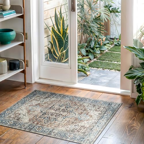 Bloom Rugs Washable Non-Slip 2x3 Rug - Terracotta/Blue Traditional Oriental Area Rug for Living Room, Bedroom, Dining Room, and Kitchen - Exact Size: 2' x 3' - color: Terracotta / Blue, size: 2' x 3' (Rectangular)
