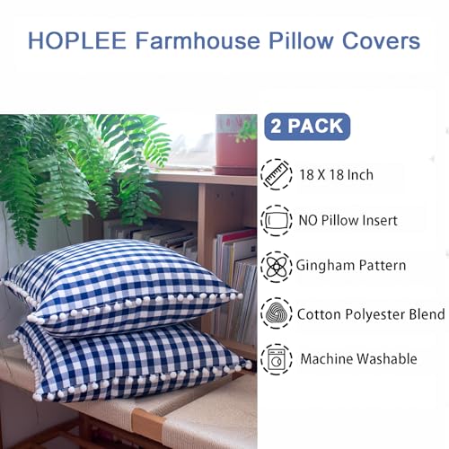 HOPLEE Farmhouse Gingham Pillow Covers Navy Blue Pillow Covers 18x18 Farmhouse Gingham Pillows Covers with Pom Pom for Home Decor 18x18 Inches Set of 2 - color: Navy Gingham Pom, size: 18" x 18" (Pack of 2)