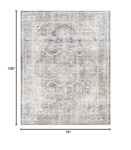 Hauteloom Pegasus Oriental Medallion Living Room Bedroom Area Rug - 0.04" Pile Height - Machine Washable - Vintage Distressed - Traditional Faded - Brown, Navy Blue, Beige - 6'7" x 9' - color: Brown, Charcoal, Light Gray / Mignon, size: 6'7" x 9' (Rectang