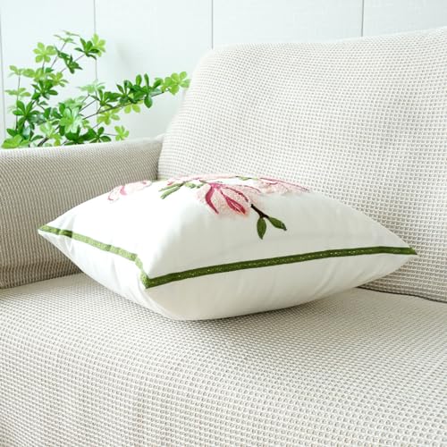 vctops Farmhouse Magnolia Flower Cotton Tufted Throw Pillow Cover Spring Floral Embroidery Pillowcase Soft Square Cushion Case for Sofa Couch Bed Chair (Pink E,18"x18") - color: Pink E