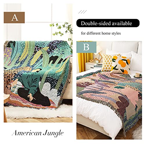 LumiSyne Double-Sided Cotton Woven Throw Blanket with Tassel Jungle Bohemian Style Tapestry Shawl Multi-Function Decorative Throws for Sofa Bed Armchair Camping Blanket Tablecloth Carpet 160x130cm - color: Jungle