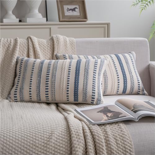 Cethom Blue and Beige Boho Lumbar Throw Pillow Covers 12x20 Inch Set of 2, Stripe Textured Decorative Couch Pillow Cases for Bed, Sofa, Living Room, Bedroom, Farmhouse Home Accent Cushion Covers - color: Blue, size: 20" x 12" (Pack of 2)