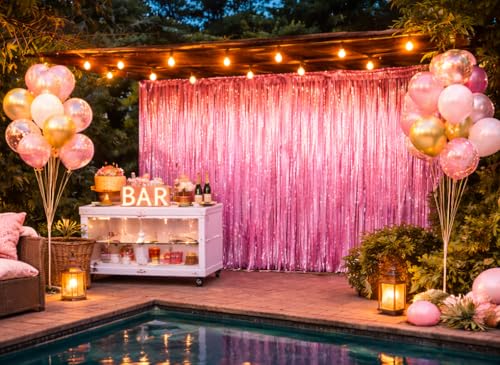 2 Pack Pink Metallic Foil Fringe Curtain Backdrop Streamers Tinsel 3.2ft x 6.4ft. Party Decoration for Birthday, Wedding, New Years Eve, Graduation, Baby Shower - color: Pink