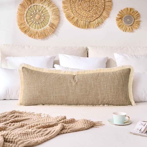 14x36 Pillow Covers Long Khaki Boho Faux Linen Decorative Fringed Rustic Woven Textured Burlap Lumbar Pillow Covers for Bed Sofa Bedroom Living Room Home Decor Cushion Cover Pack of 1 - color: Khaki, size: 36" x 14" (Pack of 1)