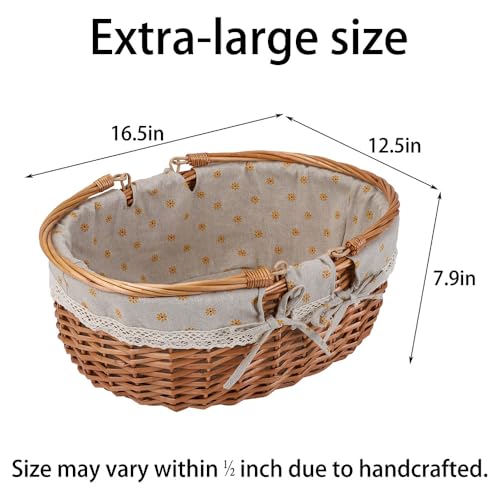 Large Wicker Picnic Basket with Handles,Handle Sturdy Woven Body with Removable and Washable Lining,Outdoor Camping,Gift Packing,Garden Picking, Storage.Yellow Flower - color: Yellow Flower