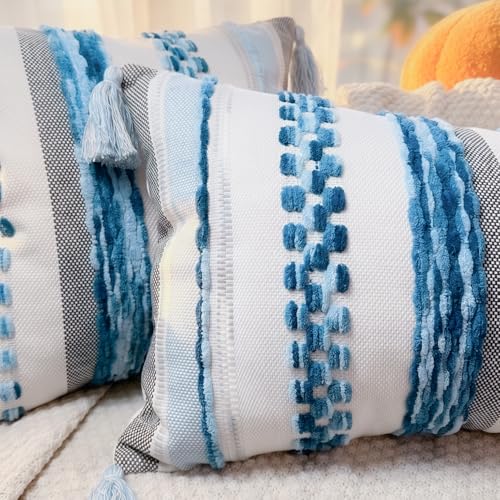 PANOD Chenille Farmhouse Throw Pillow Covers 16 x 16 Blue, Neutral Boucle Couch Pillow Cover, Striped Decorative Boho Coushion Cover Pillow Case for Couch Bed Sofa Bedroom,Modern Accent,Set of 2 - color: Sky Blue Tone, size: 16" x 16" (Pack of 2)