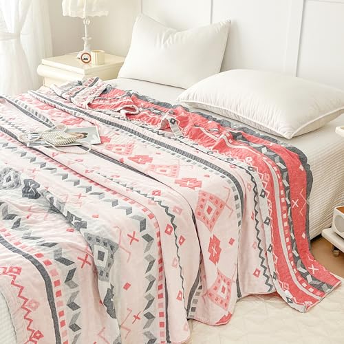 MEJU Boho Indian Pink Gray Stripes Checks Muslin All Season Reversible Blanket for Bed Sofa Couch 100% Combed Cotton Soft Warm Bedspread Throw Blanket Bed Coverlet Full Queen 80 in x 90 in - color: Boho Pink, size: F/Q 80 in x 90 in