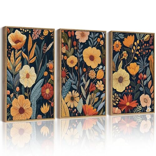 Drsoum Vintage Flower Wall Art Framed Retro Bohemian Boho Colorful Floral Plant Rustic Artwork Nature Botanical Wildflower Prints Bedroom Living Room Ready to Hang 11x14in Natural Framed - color: Botanical Flower, size: 14L" x 11W", Natural Framed