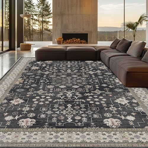 Area Rug for Living Room, 10x12 Large Washable Rugs for Dining Room, Bedroom, Non-Slip Stain Resistant Carpet, Low Pile Vintage Boho Rug (Charcoal Blush Ivory) - color: Charcoal Blush Ivory, size: 10' x 12' (Rectangular)