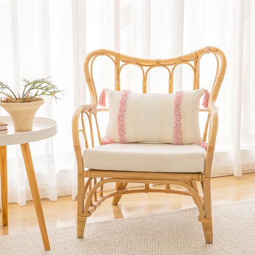 Boho Throw Pillow Covers 12x20 Set of 2 Woven Tufted Farmhouse Pillows Cover with Tassels Textured Striped Cushion Case Lumbar Pillow Cases Decorative Pillowcase for Sofa, Couch, Bed, Pink - color: Pink, size: 20" x 12" (Pack of 2)