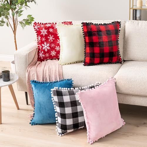 PAVILIA Light Pink Throw Pillow Covers with Pom Pom 20x20 Set of 2, Decorative Pillow Cases for Bedroom Aesthetic, Small Throw Pillows Set for Bed, Velvet Euro Plush Cushion Covers for Sofa Couch - color: Light Pink, size: 20" x 20" (Pack of 2)