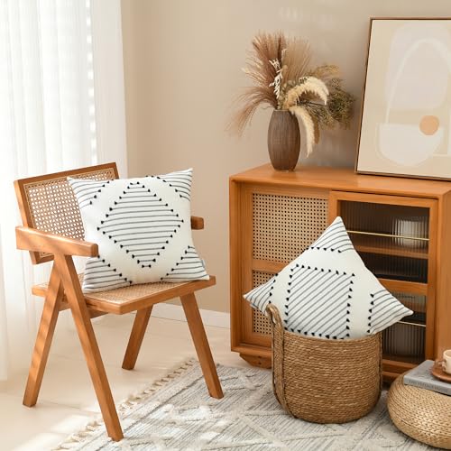 Boho Throw Pillow Covers 18x18 Set of 2, Outdoor Pillow Covers for Couch Farmhouse Decorative Accent Pillowcases Living Room Home Decor, Navy Blue and Cream White - color: Navy Blue, size: 18" x 18" (Pack of 2)