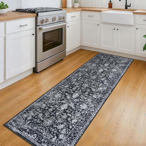 KILOCOCO Washable Runner 2x6 Rug Runner Printed Vintage Floral Kitchen Runners Non-Slip Rubber Backed Runners for Hallways Distressed Thin Soft Rugs for Entryway Laundry Room, Black/Navy/White - color: Black/White, size: 2' x 6' (Runner)