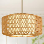 23 inch Natural 5 Light Rattan Light Fixture Woven Pendant Lights Rattan Farmhouse Chandeliers Fabric Shade Boho Chandelier for Dinning Room Kitchen - color: 23"-Natural-Prism