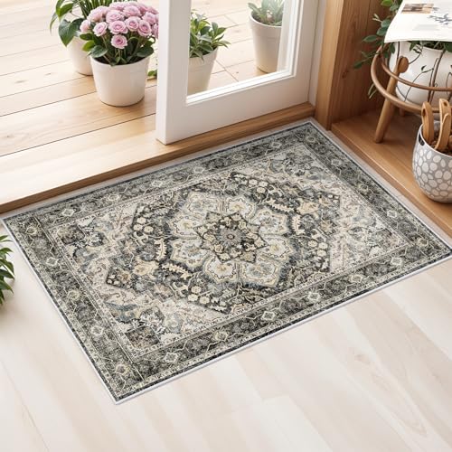 Washable Oriental Area Rug - 2x3 Rugs for Living Room Soft Carpet for Bedroom Waterproof Floral Distressed Indoor Stain Resistant Non-Shedding Floor Carpets (Black/Grey, 2x3) - color: Black/Grey, size: 2' x 3' (Rectangular)