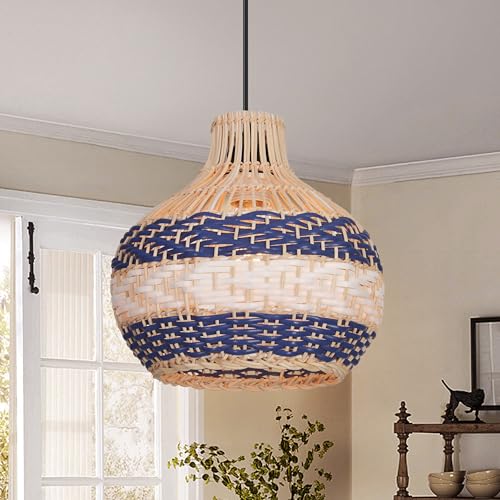 9.8" Rattan Woven Pendant Light, Adjustable Coastal Lamp Shade, Farmhouse Small Chandelier Vintage Hanging Lighting Fixture for Kitchen Island Bedroom Dining Living Room