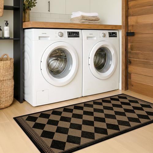 Brown and Black Easy Jute Runner Rug 2x5 for Laundry Room, Non Skid Washable Checkered Entryway Runner Rug, Boho Low Pile Diamond Carpet for Kitchen, Bathroom, Scandinavian Minimalist Style - color: Black Brown, size: 2' x 5' (Runner)