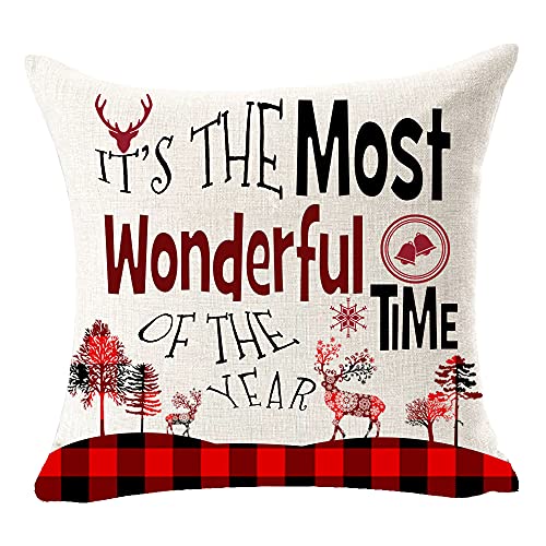 Set of 4 Merry Christmas Believe Reindeer Tree Best Gift Square Pillowcase Decorative Throw Pillow Cover Cushion Case Cotton Linen Material 18" x18'' (Beige&Red) - color: Beige Red