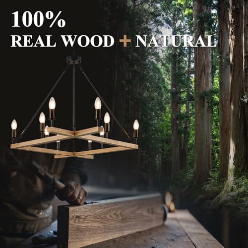 Farmhouse L53'' Wooden Square Chandelier Natural 10-Light Rustic Rectangular Candle Chandeliers Long Ceiling Pendant Lighting for Living Dining Room Foyer Kitchen Bedroom High Ceiling,E12 - color: Natural, size: 53 inches