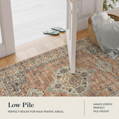 Lahome Oriental Washable Round Rugs, Non-Slip Round Rug 4ft Ultra-Thin, Vintage Soft Small Circle Carpet for Entryway Kitchen Bedroom Nursery Bathroom Eleanor, Peach/Orange - color: Terracotta, size: 4'(Round)