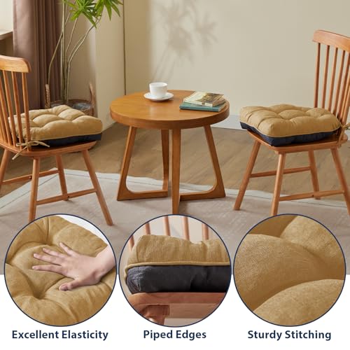 IASEAHK Chair Cushions for Dining Chairs, Seat Cushions for Kitchen Chairs, Indoor Seat Cushions with Ties, Tufted Foam Chair Pads, Non Slip Chair Cushions Set of 4, 15.5" x 15.5" x 4", Khaki - color: Khaki, size: Pack of 4