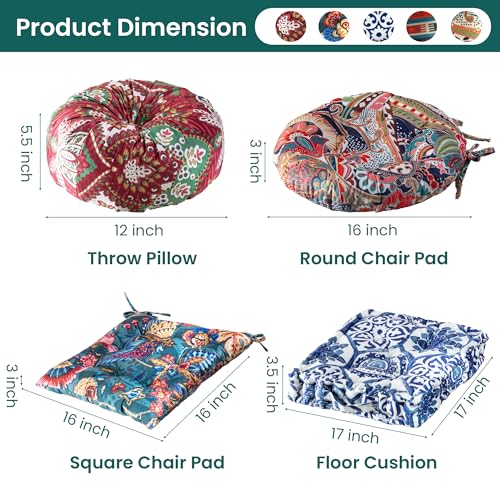 Boho Floor Cushion Set with Chair Pads 4-Pieces Extra Thick Floor Pillow, Round/Square Dining Chair Pad & Round Throw Pillow, Plush Velvet for Ergonomic Support, Boho Chic Home Decor Blue