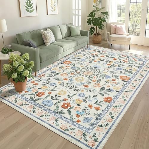 GarveeHome 5x7 Washable Non-Slip Rug, Vintage Floral Area Rug for Living Room, Low Pile Farmhouse Distressed Carpet for Nursery Playroom Dorm Teens Office, Green - color: Green, size: 5' x 7' (Rectangular)