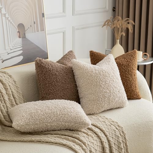 Pack of 2 Curly Teddy Wool Faux Fur Throw Pillow Covers Fuzzy Accent Soft Sherpa Pillowcases Sheepskin Fleece Decorative Cushion Case for Sofa Couch Living Room 16x16 Inch Neutral Light Beige - color: Neutral Light Beige, size: 16" x 16" (Pack of 2)