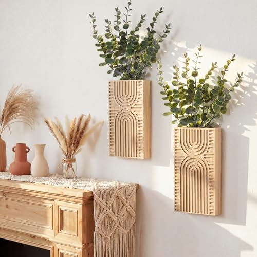 2 Pack Modern Farmhouse Wall Decor Wood Planter Vase with Artificial Eucalyptus Farmhouse Bohemian Hanging Wall Decor for Bathroom Dinning Room Living Room Hallway Bedroom(Brown) - color: Brown
