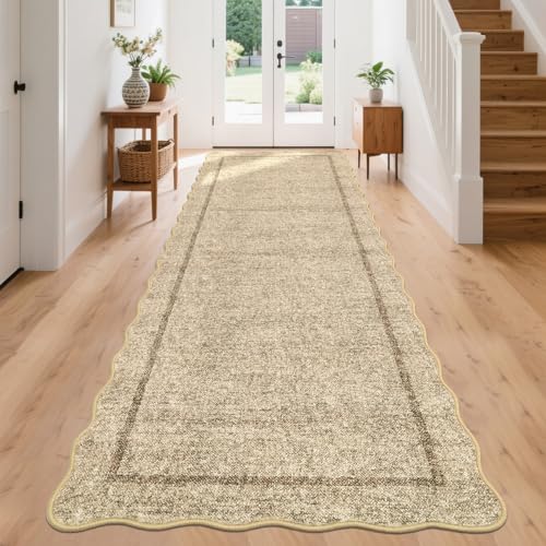 GarveeHome Scalloped Washable Runner Rug 2x8 Runner Modern Non Slip Kitchen Rugs Entryway Rug Farmhouse Soft Bathroom Rugs Stain Resistant Carpet for Hallway Laundry Bedroom 2 ft x8 ft Jute - color: Jute, size: 2' x 8' (Runner)