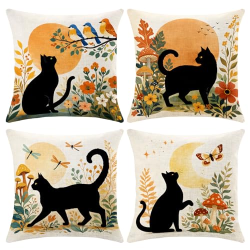 BVBOX Set of 4 Throw Pillow Covers 18"x18", Double-Sided Decorative Pillow Cases, Soft Flax/Short Plush Pillow Covers for Bed, Sofa, Couch, Living Room, Bedroom (Flax, Black Cat) - color: Black Cat