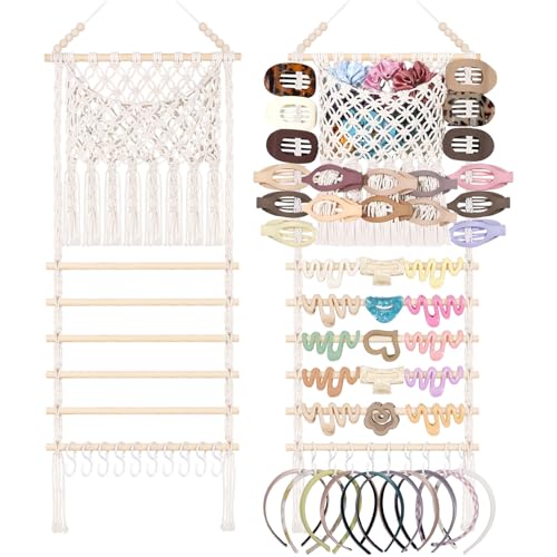 SNOWSTAR Macrame Hair Claw Clip Organizer,Large Capacity Mesh Bag Scrunchies Holder and Hair Ties Organizer for Women Girls,Hair Accessorie Hanging Storage Home Decor Wall,Door - color: Wood