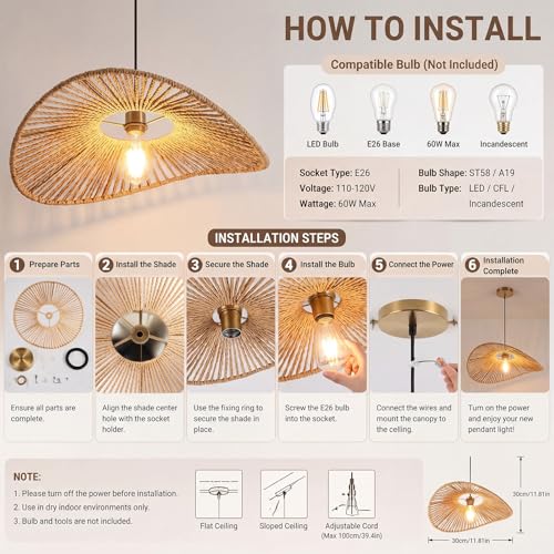 3 Set 11 Inches Cloud Shaped Rattan Pendant Light Shade, Woven Rattan Lamp Shades for Ceiling Lighting, Natural Handcrafted for Dining Room, Kitchen Ceiling(Small Cloud Lampshade)
