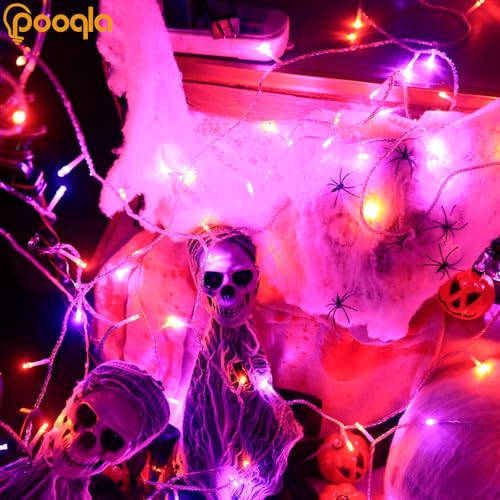 Pooqla 2 Pack Halloween String Lights Battery Operated, Total 66.6ft 200 LED Fairy Lights Indoor Outdoor Decorations, 8 Modes Orange Purple Battery Lights for Porch Party Halloween Decorations - color: Orange and purple, size: 100 LED x2