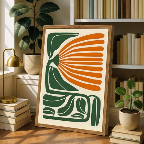 Framed Boho Floral Wall Art, Mid Century Modern Flower Canvas Wall Decor Pictures, Green and Orange Abstract Botanical Paintings Poster Prints Eclectic Home Decor for Living Room Bedroom 16x24 inch - color: Mid Century Modern Floral, size: 24"L x 16"W
