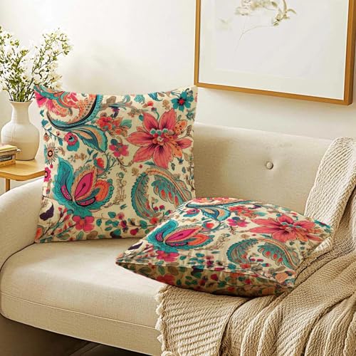 Firmiso Boho Floral Paisley Throw Pillow Covers 18x18 Set of 2 | Decorative Cushion Covers for Couch Sofa Bed | Soft Vintage Home Decor Pillow Cases | Colorful Bohemian Home Decor Accent - color: Floral Paisley
