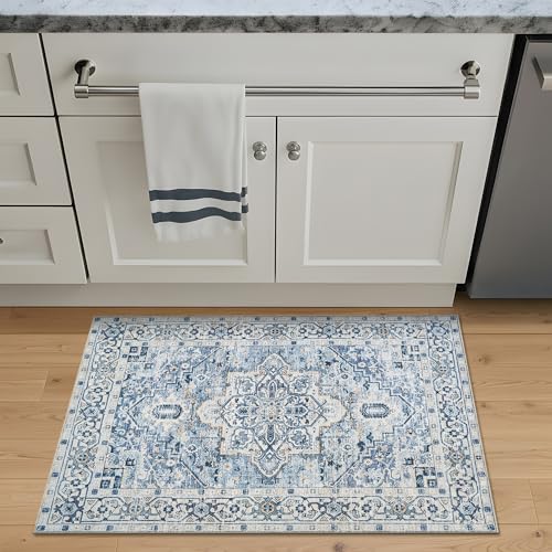Bloom Rugs Washable Non-Slip 2x3 Rug - Blue Traditional Oriental Area Rug for Living Room, Bedroom, Dining Room, and Kitchen - Exact Size: 2' x 3' - color: Blue, size: 2' x 3' (Rectangular)