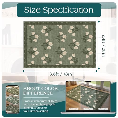 Floral Outdoor Rug - 28" x 43" Front Door Mat Indoor Outside Entrance Non-Slip Washable Outdoor Mat Sage Green Spring Scalloped Rug for Entryway Kitchen Bedroom Layered Doormat for Front Porch - color: Flower - Green, size: 2'4" x 3'7" (Rectangular)