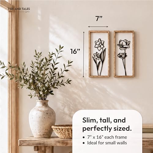 3D Black and White Wall Art (Set of 2) Lightweight, Wooden Ready-to-Hang Framed Floral Wall Art for Bathroom, Bedroom, Living Room or Office – Boho Botanical Farmhouse Decor – Gift-Boxed - color: White, size: 7" x 16"